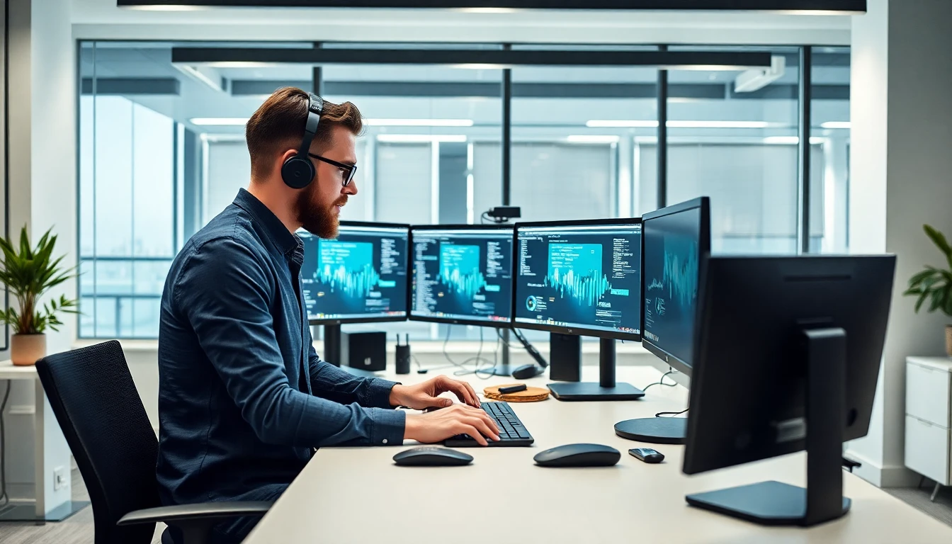 Entwickler arbeitet in einem modernen Büro an einem n8n-Workflow auf mehreren Monitoren